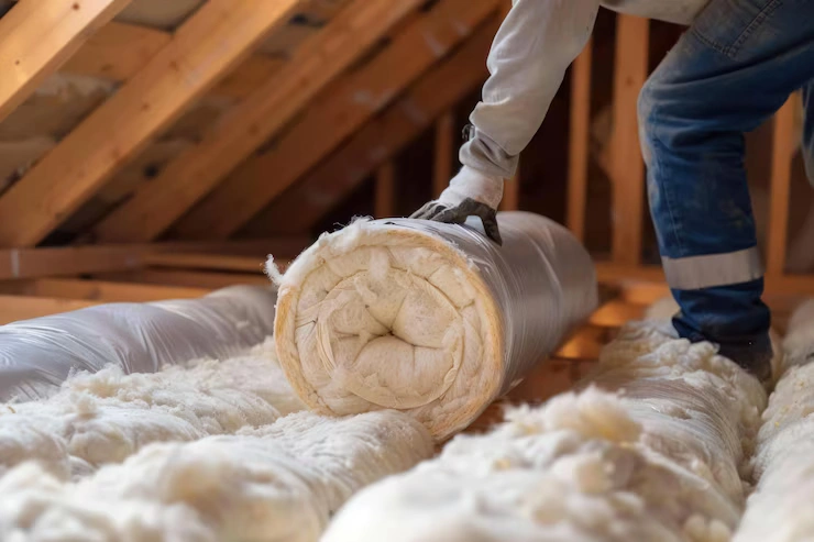 person-rolling-fiberglass-insulation-attic-beams_